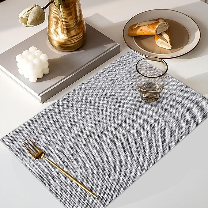 Vinyl Placemats Set of 8, PVC Woven Washable Non-Slip Table Mats, Heat Resistant Wrinkle Free Place Mats for Dining Table, Easy to Clean (8, Light Grey)