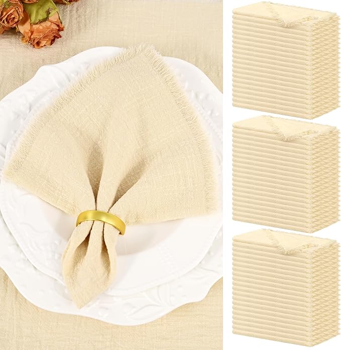 Showgeous 60 Pack Beige Cloth Napkins with Fringe 16x16 inch 100% Cotton Beige Napkins Handmade Dinner Napkins Bulk Washable Soft Rustic Table Napkins for Wedding Parties Bridal Baby Shower