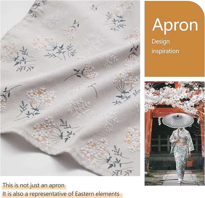 Cooking Baking Apron with Pocket,Janpanese Vintage Style Design with Adjustable Waist & Neck Straps,Chef Apron for Home, BBQ, Garden