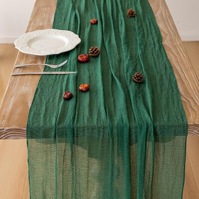 Keketoarrange Emerald Green St. Patrick's Day Table Runner Cheesecloth Gauze 120 Inch 10 FT Rustic Boho Cheese Cloth Decor for Wedding Baby Bridal Shower Sheer Vintage Spring Easter Home Decorations