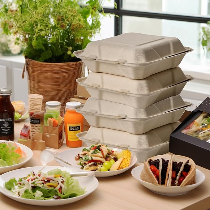ECOLipak 300 Pack Clamshell To Go Containers, 100% Compostable Disposable Take Out Food Containers, 8X8 inch 3-Compartment Heavy-Duty To Go Boxes