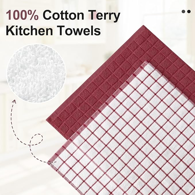 Homaxy Premium Cotton Kitchen Towels 16"x 28", Large Natural Ring Spun 390 GSM Dish Towels, Super Absorbent Terry Kitchen Hand Towels, Soft Tea Towels with Hanging Loop, Red Check Design, 8 Pack