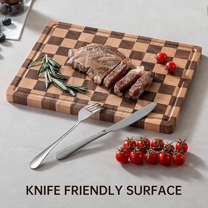 Checkerboard Cutting Boards for Kitchen, Acacia Wooden Cutting Board, End Grain Chopping Board with Juice Groove, Serving Tray for Meat, Vegetables, Fruits, Bread, Cheese, 14" X 11" X 0.8"