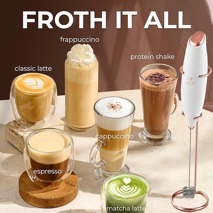 Zulay Kitchen Patented Tornado Triple Whisk Milk Frother with 4 Duracell Batteries – Handheld Foam Maker for Coffee, Lattes, Matcha & Hot Chocolate – Rich, Creamy Froth in Seconds - Gold Rose