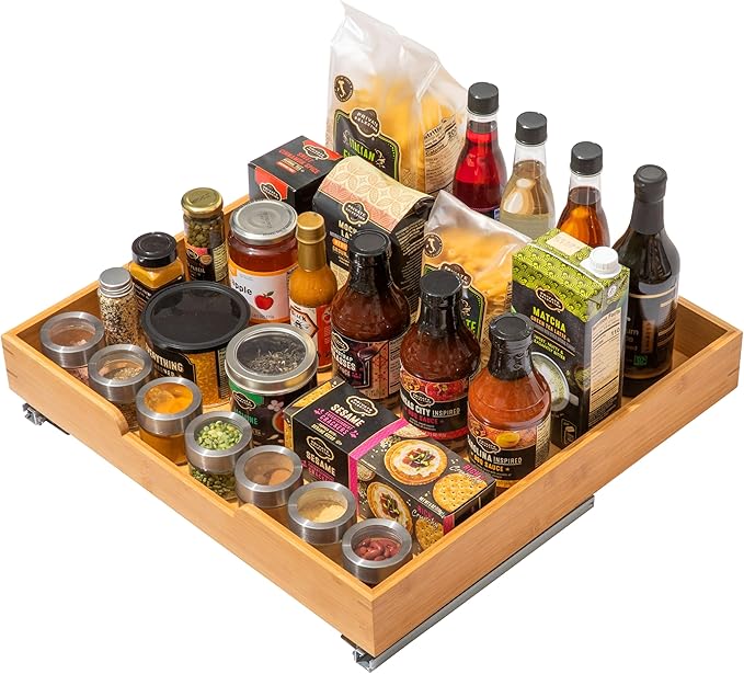 HOLDN’ STORAGE Bamboo Wooden Pull out Cabinet Organizer 24"W x 21"D Requires At Least a 25.25"W x 21"D Cabinet Opening W/Lifetime Limited Warranty, Bamboo Tray and Heavy Gauge Metal Rails