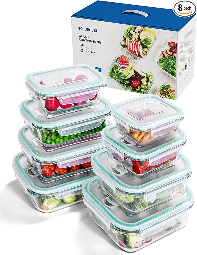 8-Pack Borosilicate Glass Food Storage Containers Set with Airtight Lids – Oven, Microwave & Freezer Safe, Leak-Proof, BPA-Free – Baking, Meal Prep & Gift Box