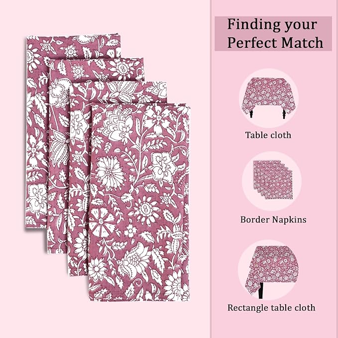 Ridhi Mauve Vine Garden Hand Block Print 100% Cotton Napkins 18" x 18" (Set of 4) Reuseable Kitchen Napkins Cloth Decor Dinner Party Wedding Cocktail Gift for Spring, Easter, Valentine