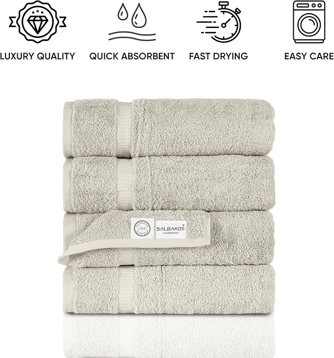 SALBAKOS 100% Turkish Cotton Bath Towels | 4 Piece Turkish Bath Towels Stone 27x54 in Standard Size | Premium Hotel Quality, Super Absorbent, Thick & Plush Turkish Bath Towel (Stone, 4 Bath Towels)