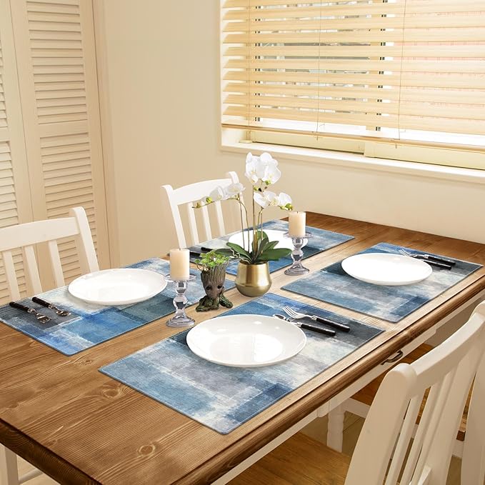 Emvency Farmhouse Placemats Set of 4, Abstract Blue and Gray Art Painting 12x18 Inch Table Mats for Outdoor Home Party Kitchen Dining Decoration