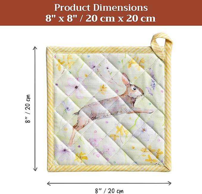Maison d' Hermine Pot Holders 100% Cotton Heat Resistant Potholders 8" x 8" Hot Pads with Loop BBQ Cooking Baking Gifts for Mothers Day Handling Hot Pans Spring/Summer (Pack of 2, Easter Zest)