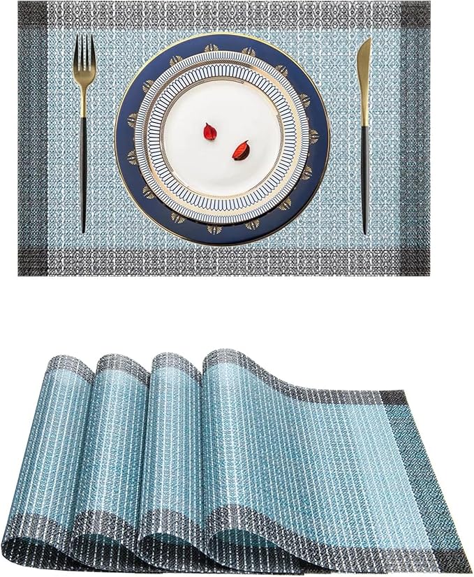 Niviy Blue Grey Ethnic Boho Placemats Set of 8, 12x18 Inch Linen Burlap Washable Durable Art Table Mats for Holiday Party Kitchen Dining Room Decoration