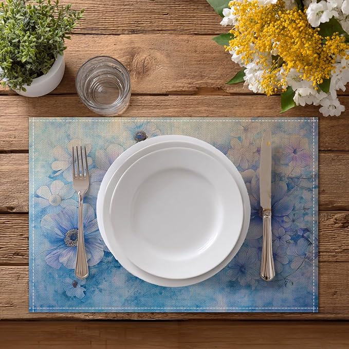 HOMETITUTE Linen Placemats Set of 4 12x18 inch Spring Table Mats for Dining Table Blue Floral Farmhouse Decorations Kitchen Decor Desk Mat for Outdoor Home Party Kitchen Seasonal Dining Decor
