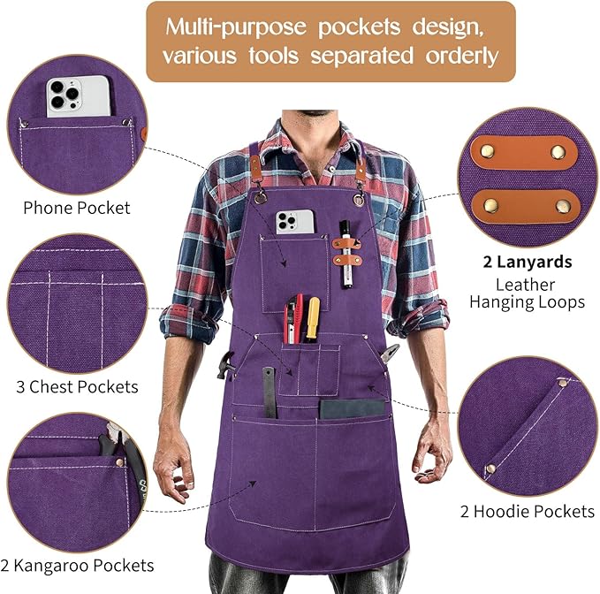 Work Aprons for Men Women with 9 Pockets Chef Apron 14oz Cotton Canvas Cross Back Aprons Heavy Duty Apron Purple Tool Apron for Woodworkers Kitchen Cooking Apron Waterproof Apron Size M to XXL