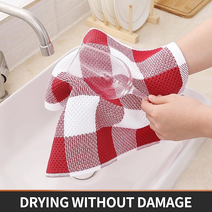Homaxy 100% Cotton Waffle Weave Check Plaid Dish Cloths, 12 x 12 Inches, Super Soft and Absorbent Dish Towels Quick Drying Dish Rags, 6-Pack, White & Red