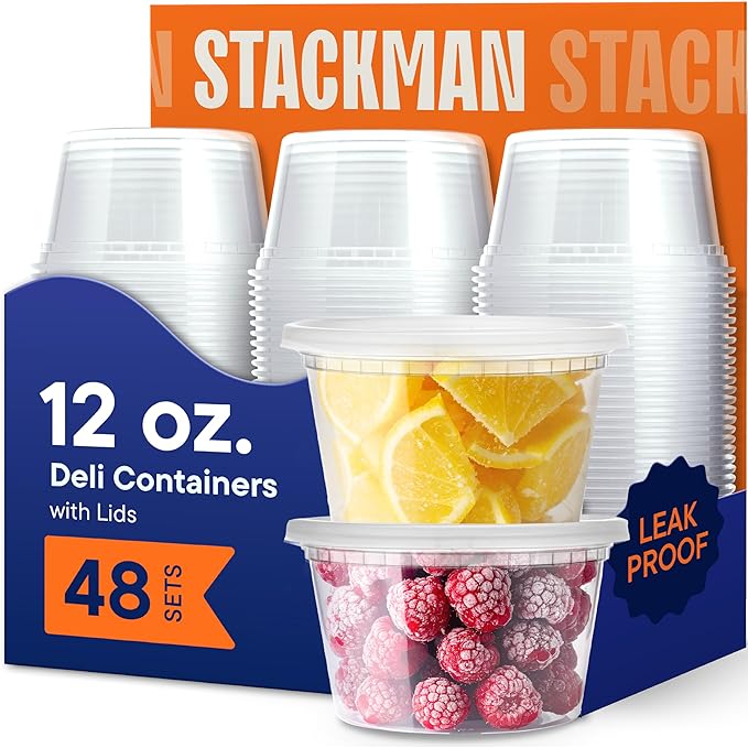 Stack Man 12 oz Deli Containers with Lids (48 Sets) – Clear Plastic Food Storage Containers, Airtight Leak-Resistant Seal, BPA-Free, Microwave & Freezer Safe, Meal Prep Sides Soup Takeout To-Go