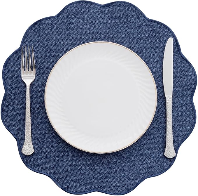 SHACOS Scalloped Round Placemats Set of 6 Polyester Linen Blend 15 inch Washable Non Slip Place Mats Easy Clean Heat Resistant Table Mats for Kitchen Dining Table Decor, Navy Blue