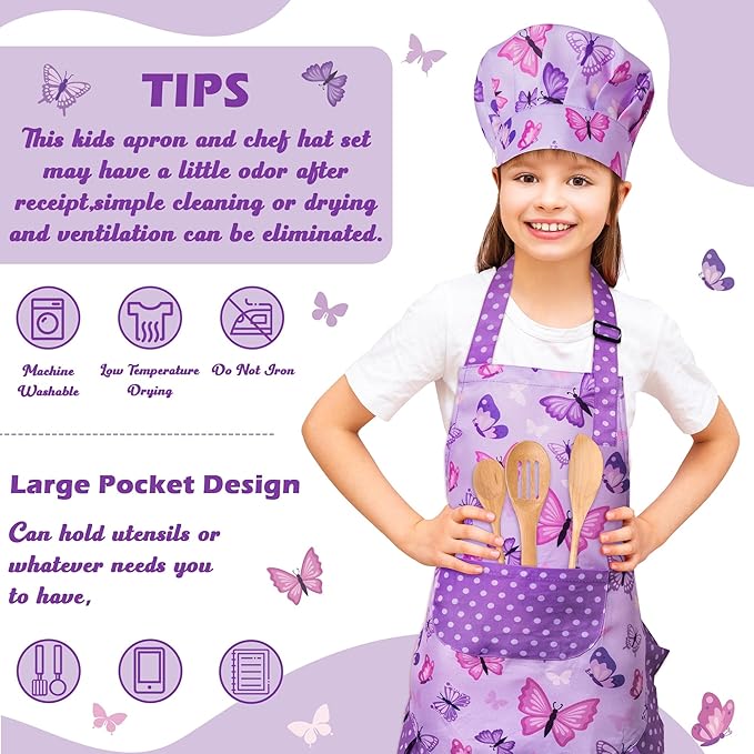 R HORSE Kid Apron and Chef Hat Set - 2Pcs Purple Butterfly Toddler Kitchen Apron for Girls, Adjustable Role Play Costume Pretend Play Toy for Cooking Baking Painting Birthday Gift for Kids Ages 3-6