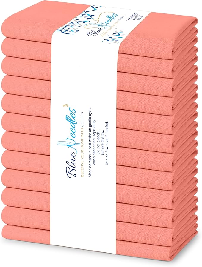 Blue Needles Solid Cloth Napkins Set of 12 Salmon 100% Cotton Dinner Napkins 18x18 inches - Spring Summer Easter - Soft, Reusable, Absorbent & Washable Linen, Ideal for Events Parties & Everyday Use