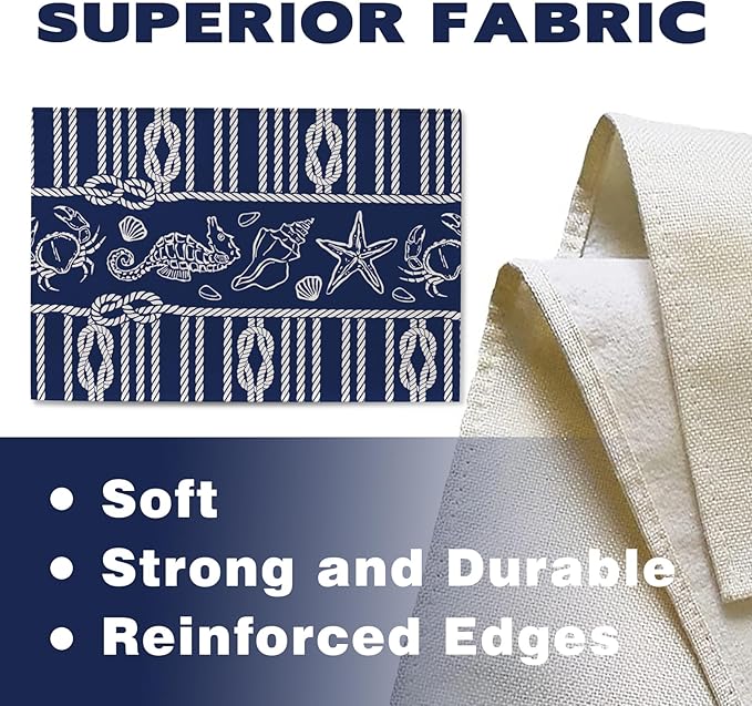 Navy Blue Nautical Placemats Set of 4, Coastal Ropes Starfish Crab Seahorse Sea Shell Conch Dining Place Mats Table Decor, Ocean Marine Life Lake Beach House Home Kitchen Decoration 12''x18''