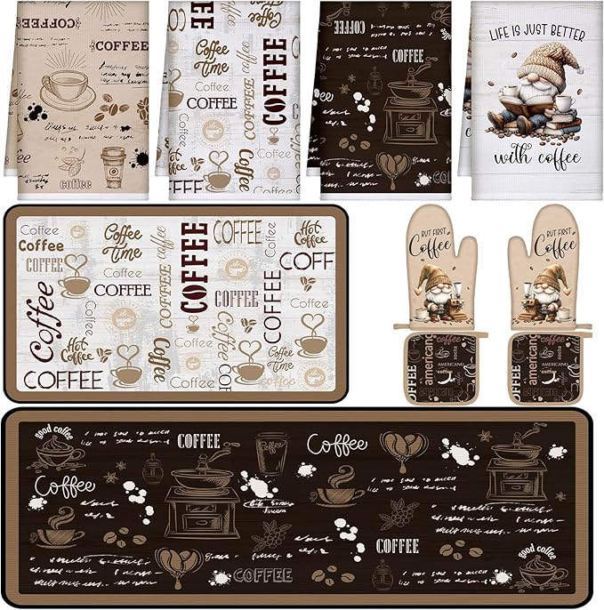 Fourluoo 10 Pcs Coffee Kitchen Decor and Accessories Oven Mitts and Pot Holders Set Coffee Dish Towels Rugs Farmhouse Kitchen Decor Vintage Potholder Brown Gloves for Baking Cooking BBQ Women Mom Gift