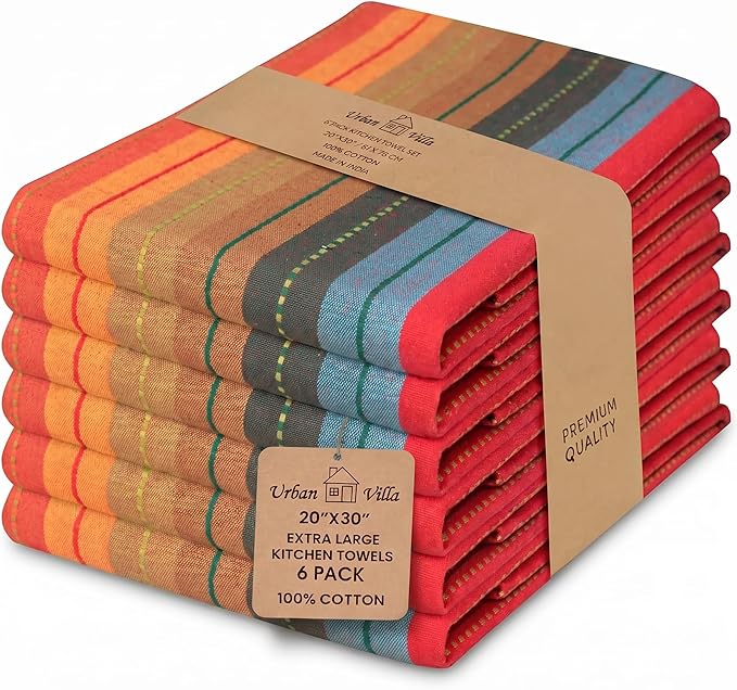 Urban Villa Kitchen Towels 100% Cotton Dish Towels for Kitchen (Set of 6) 20"x30" Highly Absorbent Kitchen Linen Set with Hanging Loop Dish Cloths Perfect for Drying Dishes Cleaning Towels - Red Multi