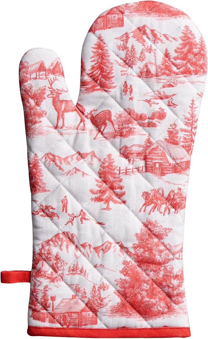 Maison d' Hermine Oven Gloves 100% Cotton Oven Mitt 7" x 13" with Loop Heat Resistant BBQ Cooking Gloves for Thanksgiving Christmas Decorations Baking Handling Hot Pans (Pack of 1, Winter Jouy)