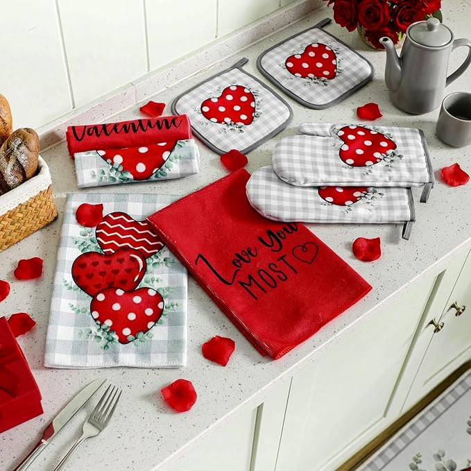 VitalCozy Set of 10 Valentine's Day Kitchen Towels Heart Kitchen Mats Oven Mitts and Pot Holders Set Absorbent Red Tea Hand Towels Valentine's Day Decorative Towel for Baking Cooking BBQ