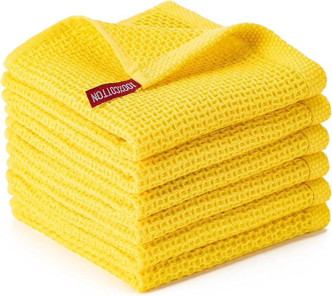 BOOMIBOO 6-Pack Kitchen Dish Cloths, 100% Cotton Waffle Weave, Ultra Soft Absorbent, Quick Drying Dish Towels, 12x12 Inches,Yellow