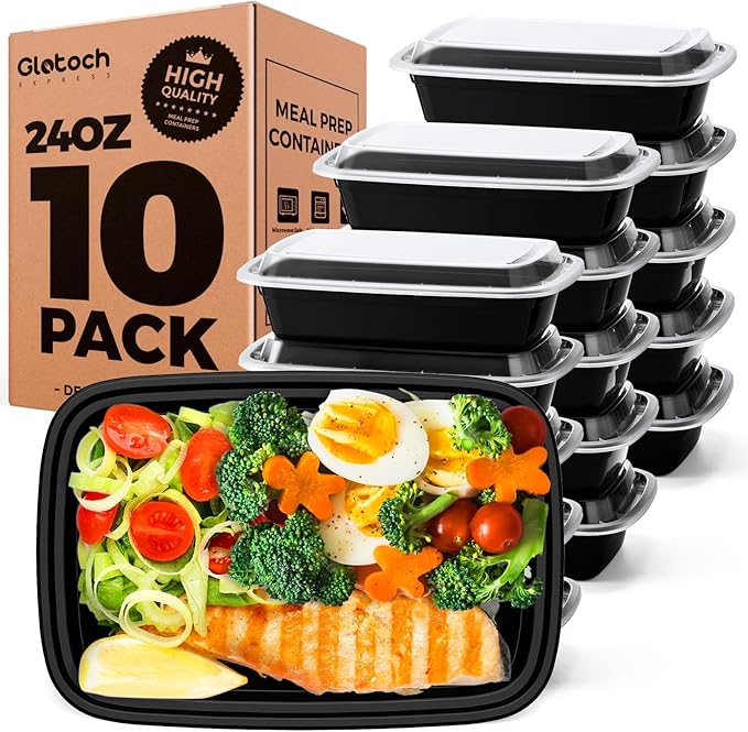 Glotoch 10-Pack Meal Prep Containers with Lids (20-Piece Set), 24 oz Reusable Food Storage Containers, Heavy-Duty Leakproof Bento Boxes, BPA-Free, Microwave/Freezer/Dishwasher Safe, Black