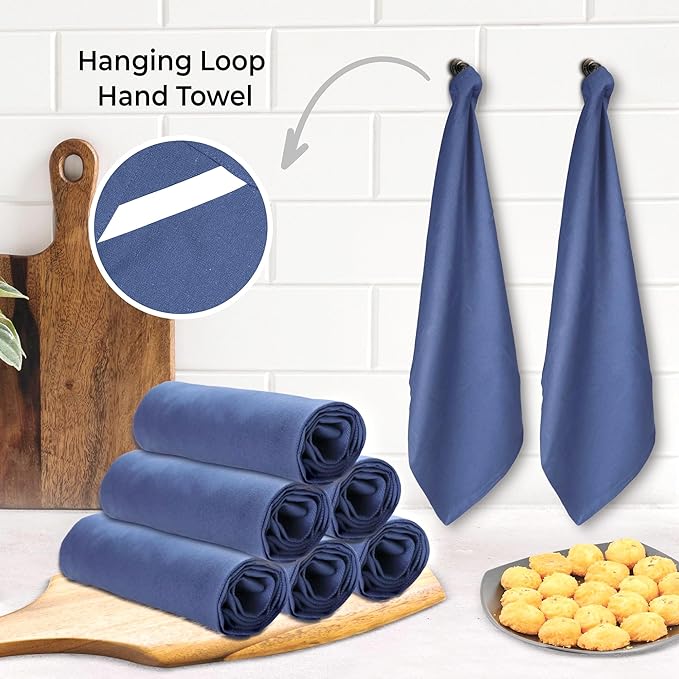 Urban Villa Kitchen Towels 100% Cotton Dish Towels for Kitchen(Set of 6) 20”x30” Dish Cloths Highly Absorbent Kitchen Linen Set with Hanging Loop Perfect for Drying Dishes Cleaning Hand Towels - Blue