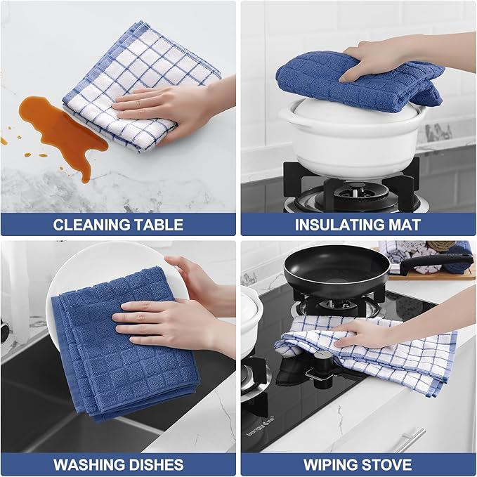 Homaxy Premium Cotton Kitchen Towels 16"x 28", Large Natural Ring Spun 390 GSM Dish Towels, Super Absorbent Terry Kitchen Hand Towels, Soft Tea Towels with Hanging Loop, Navy Blue Check Design, 6 Pack