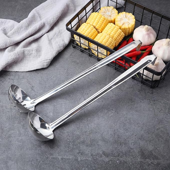 Stainless Steel Soup Ladle Serving Ladle Scoop and Slotted Spoon Set of 2 with Hook for Hanging, Cooking Utensils Set for Kitchen(3 oz)