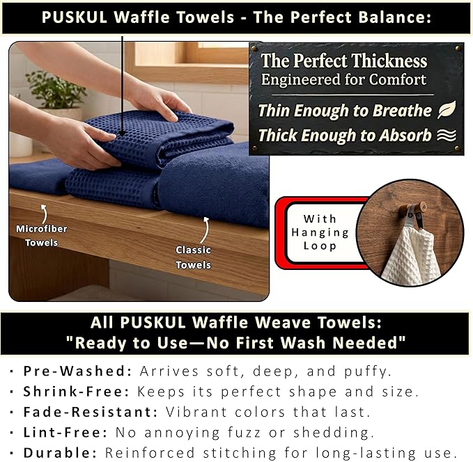 PÜSKÜL Natural 100% Turkish Cotton Navy Waffle Bath Towels Set of 2-Piece | 32x63 Extra Large Absorbent Quick-Dry Lightweight Spa Towel | Luxury Bathroom Towel (Navy Blue Bath Towels - Pack of 2)