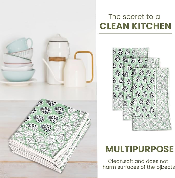 CPC Poppy Blue Hand Block Print Waffle Kitchen Towel Set of 3-16 x 28 Inch Ultra Absorbent Quick Dry Cotton Dish Towels Lightweight Reusable Sustainable Tea Towels for Cleaning and Drying