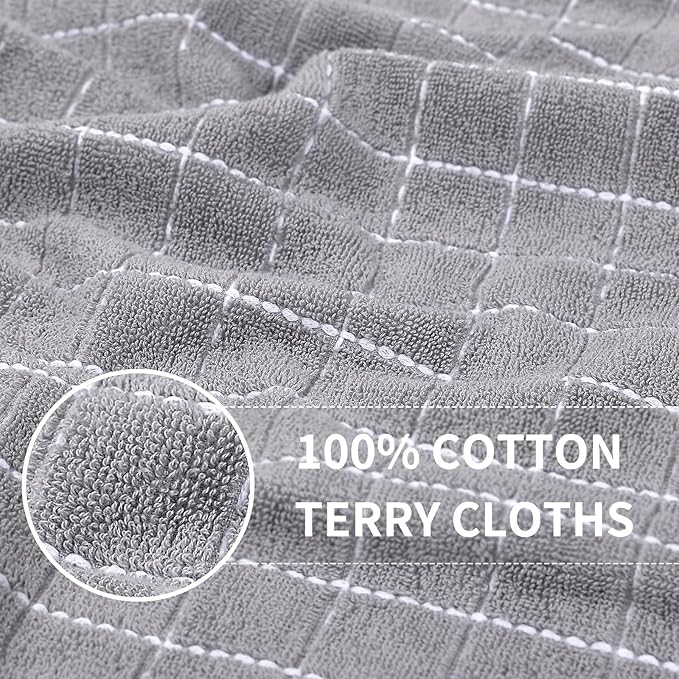 Homaxy Kitchen Towels and Dishcloths Set, 12 x 12 and 13 x 28 Inches, Set of 8 Bulk Cotton Terry Kitchen Towels Set, Checkered Designed, Soft and Super Absorbent Dish Towels, Light Grey