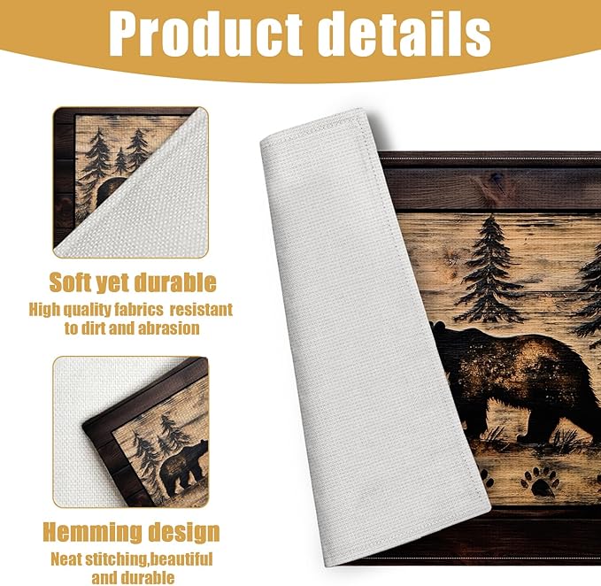 Brown Bear Pine Tree Placemats Set of 6, Wood Grain Linen Place Mat Washable Stain Resistant Table Mats for Farmhouse Kitchen Party 12x18 Inch
