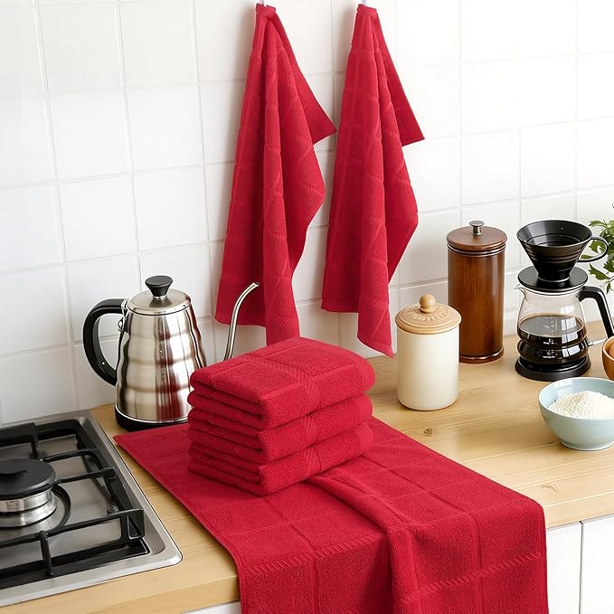 Homaxy Premium Kitchen Towels 18"x28", 4 Pack Large Cotton 380 GSM Dish Towels, Soft and Absorbent Kitchen Hand Towels with Terry Grid Design, Utility Tea Towel Set with Hanging Loop, Red