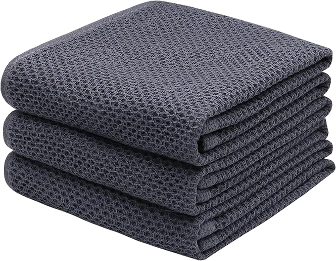 Mia'sDream Grey Kitchen Towels Set, Cotton Dish Towels for Kitchen Washing Dishes, Soft and Absorbent Kitchen Hand Towels Tea Towels, 13inch x 28inch 3 Pack (Dark Gray)