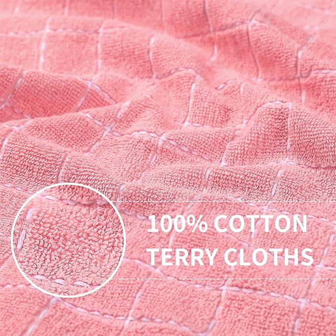 Homaxy 100% Cotton Terry Kitchen Towels(Pink, 13 x 28 inches), Checkered Designed, Soft and Super Absorbent Dish Towels, 5 Pack
