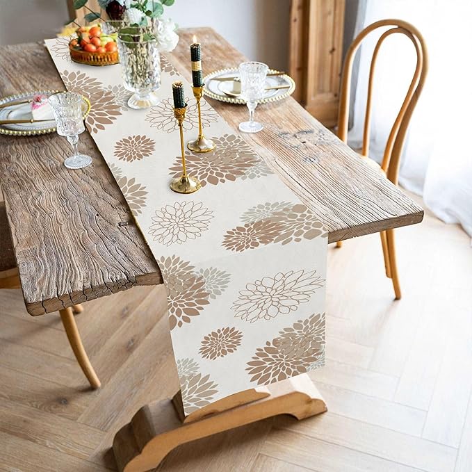 Coffee Brown Dahlia Table Runner Modern Elegant Flower Beige Table Runners Geometric Pompon Farmhouse Table Center Decor for Home Kitchen Dining Party Indoor Outdoor (13x90 Inch)