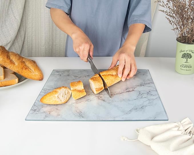 Kitchenville Glass Cutting Board 16"x12": Tempered Glass Kitchen Counter Protector - Durable- Scratch-Resistant, Heat-Proof - Design 3 - Grey Marble Effect