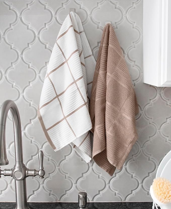T-Fal Solid & Checked Parquet Kitchen Towels: Highly Absorbent, Super Soft Long Lasting - 100% Cotton, 16"x26" Dish Towels for Cleaning & Drying Dishes, Pans, Glassware, Countertops, 6-Pack, Sand