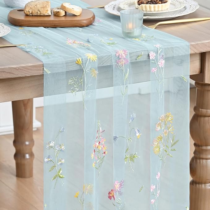 Artoid Mode Wildflower Floral Sky Blue Gauze Embroidery Table Runner 120 Inch 10FT, Tulle Seasonal Spring Kitchen Dining Table Decor for Home Party
