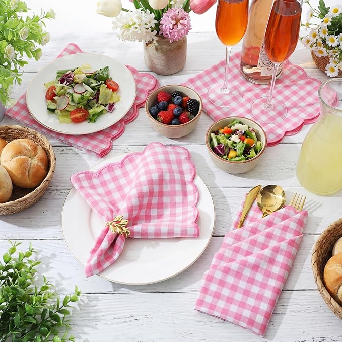 SmoothNovelty 12 Pack Buffalo Plaid Cloth Napkins 18x18 Inch Spring Checkered Cloth Napkins Scalloped Soft Cotton Table Mat Washable Reusable for Dinner Wedding Birthday Parties (Classic,Pink)