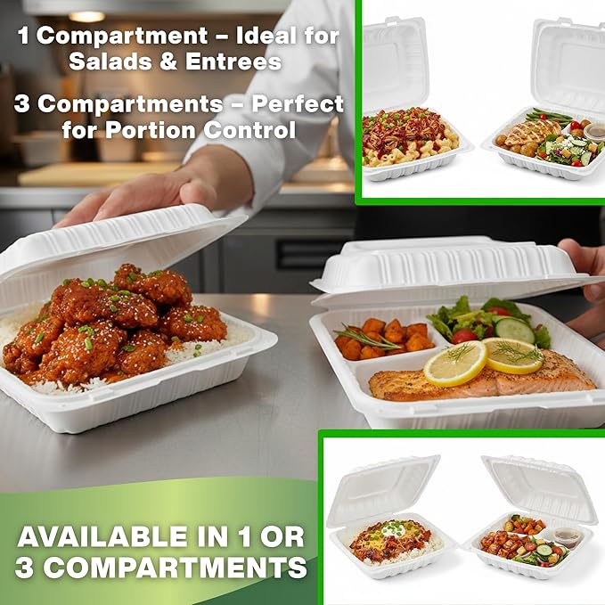 Hinged Take-Out Containers 9″ x 9″ BPA Free, Clamshell To Go Boxes Recyclable, Microwave & Freezer Safe Food Storage Boxes for Restaurants, Catering - Cake Slice Container - White