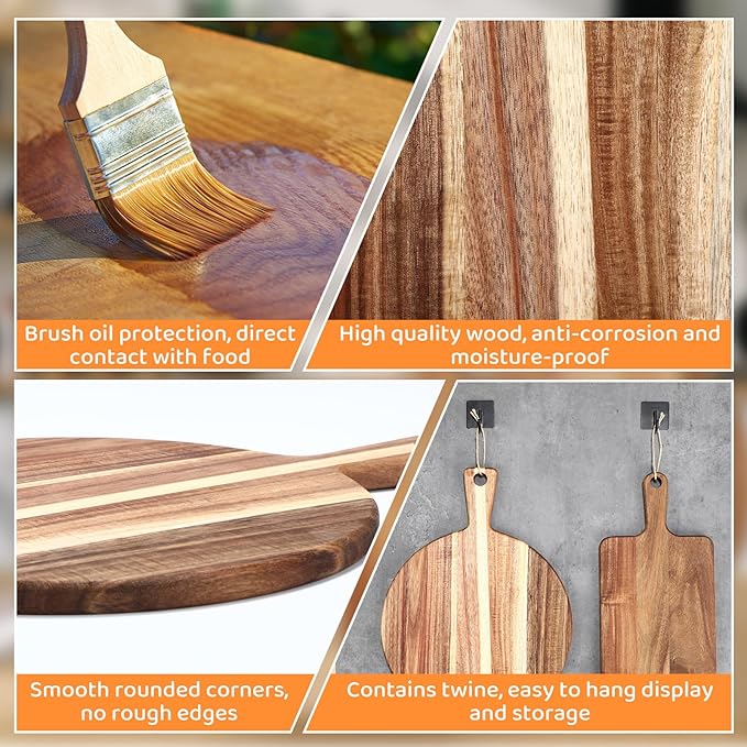 Hsei 2 Pcs Acacia Wood Cutting Board with Handle Wooden Charcuterie Board Large Paddle Carving Chopping Set Butter Serving Tray for Cheese Meat Fruit Pizza Bread Baking
