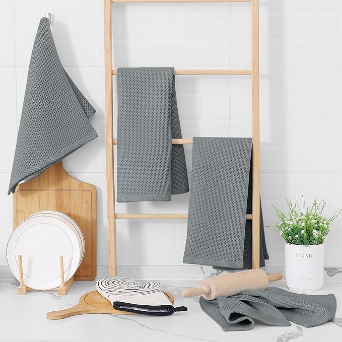 Homaxy 100% Cotton Waffle Weave Kitchen Towels, 3-Pack Ultra Soft Absorbent Dish Towels, Quick Drying Cleaning Towels, 13 x 28 Inches, Grey