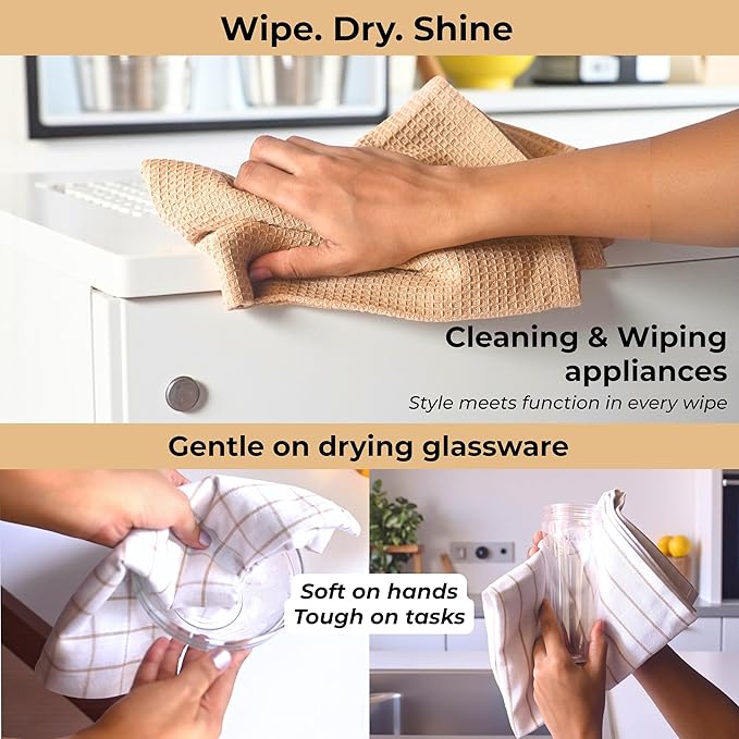 Cotton Dish Towels For Kitchen Drying - Highly Absorbent Wide Beige Striped Plaid Tea Towels - 18"X28" Set Of 6 Farmhouse Linen Dishtowels In Bulk - Pano De Prato Para Cozinha - T Towles Towls