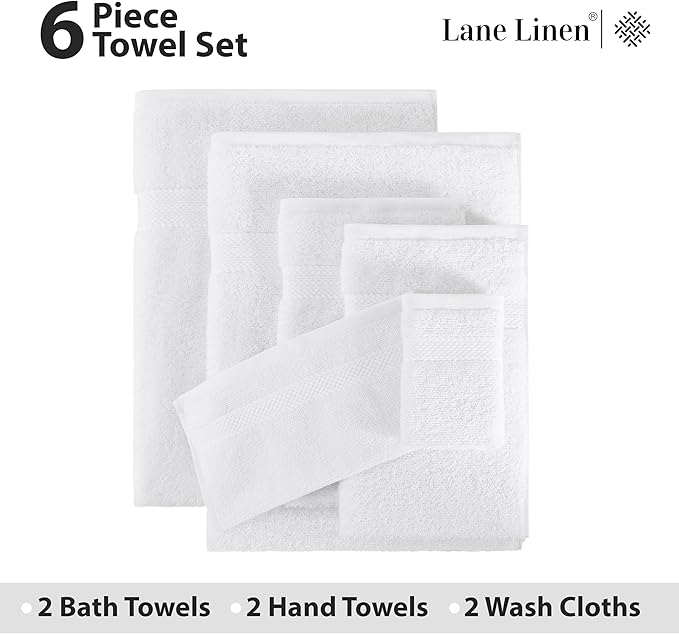 LANE LINEN 100% Cotton Bath Towel Set - 6 Pieces - Super Soft, Highly Absorbent & Quick Dry - 2 Bath, 2 Washcloths, 2 Hand Towels for Bathroom - Hotel Quality, Ideal for Spa, Gym & Travel - White