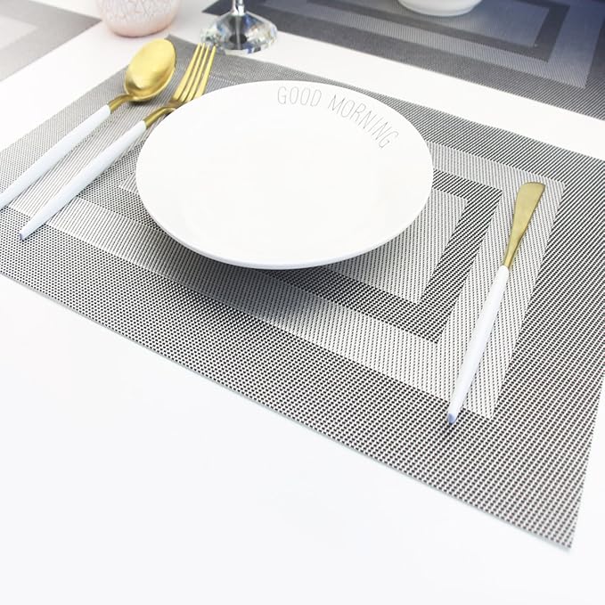 PIGCHCY Placemats - Heat Resistant, Washable Woven Table Mats - Durable Vinyl - Set of 4 (Silver Black)